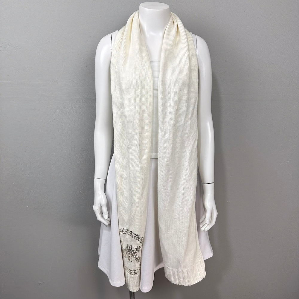 Michael Kors Scarf Women OS Cream Knitted Grommet Logo Eyelet Long Winter Wrap - Picture 4 of 8